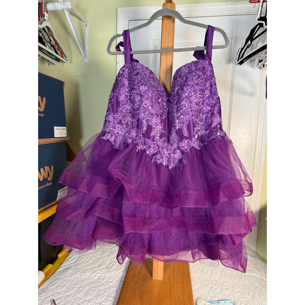 Purple Lace Sequin Corset Tulle Ruffle Mini Dress Size 24 Style 57225